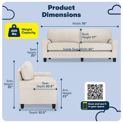 Divano con braccioli arrotolati Serta Copenhagen 78, in poliestere di facile manutenzione, schienale morbido, cuscini di seduta a molle insacchettate