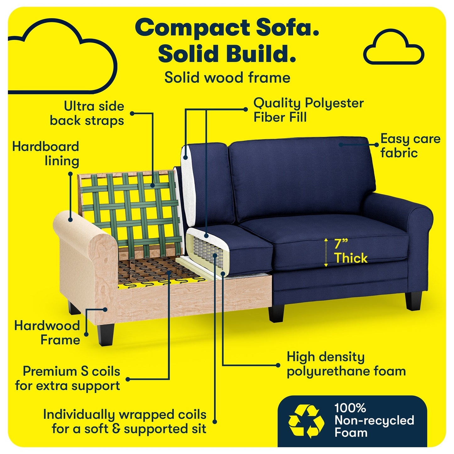 Divano con braccioli arrotolati Serta Copenhagen 78, in poliestere di facile manutenzione, schienale morbido, cuscini di seduta a molle insacchettate