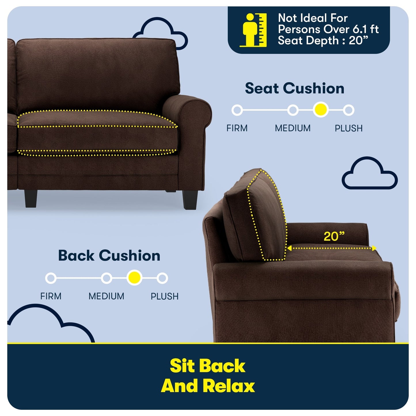 Divano con braccioli arrotolati Serta Copenhagen 78, in poliestere di facile manutenzione, schienale morbido, cuscini di seduta a molle insacchettate