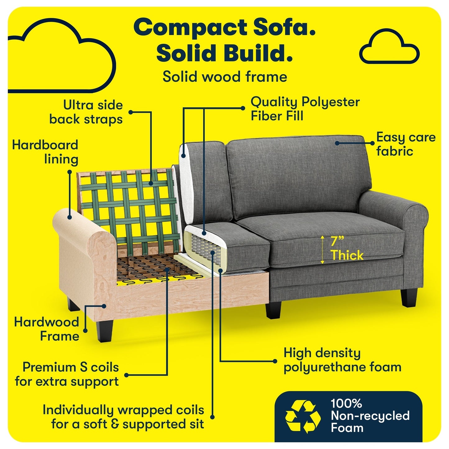 Divano con braccioli arrotolati Serta Copenhagen 78, in poliestere di facile manutenzione, schienale morbido, cuscini di seduta a molle insacchettate