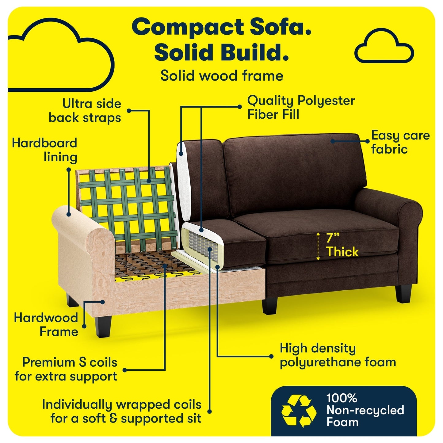 Divano con braccioli arrotolati Serta Copenhagen 78, in poliestere di facile manutenzione, schienale morbido, cuscini di seduta a molle insacchettate