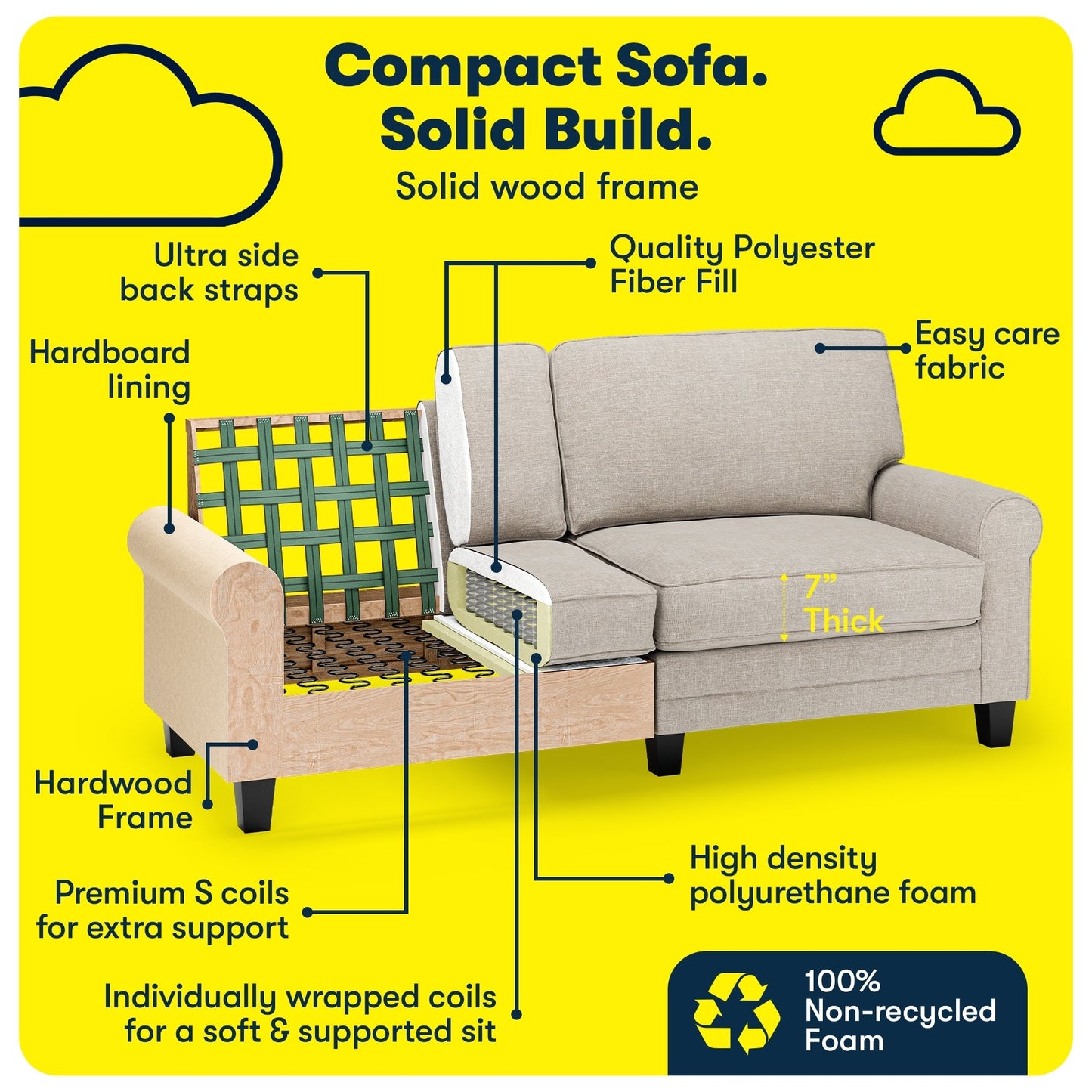 Divano con braccioli arrotolati Serta Copenhagen 78, in poliestere di facile manutenzione, schienale morbido, cuscini di seduta a molle insacchettate