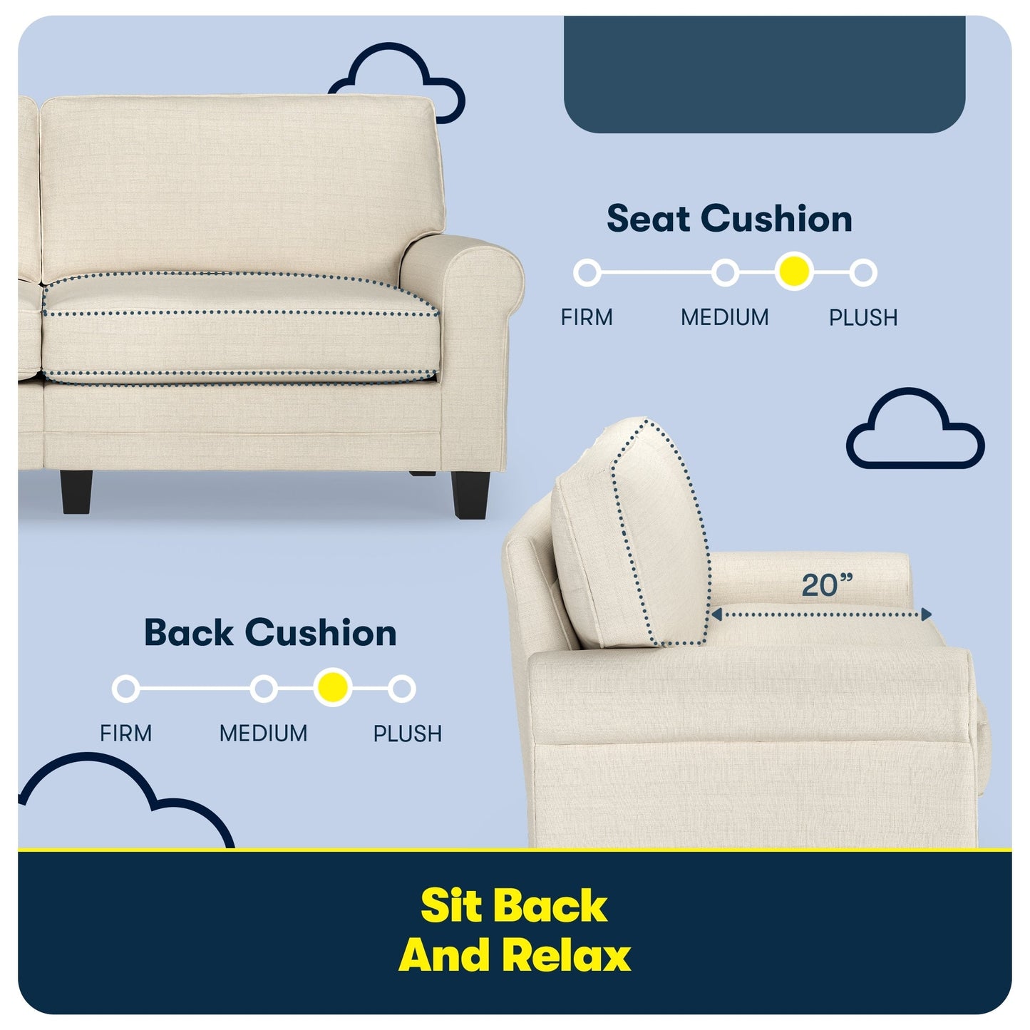 Divano con braccioli arrotolati Serta Copenhagen 78, in poliestere di facile manutenzione, schienale morbido, cuscini di seduta a molle insacchettate