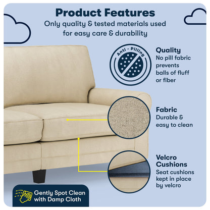 Divano con braccioli arrotolati Serta Copenhagen 78, in poliestere di facile manutenzione, schienale morbido, cuscini di seduta a molle insacchettate