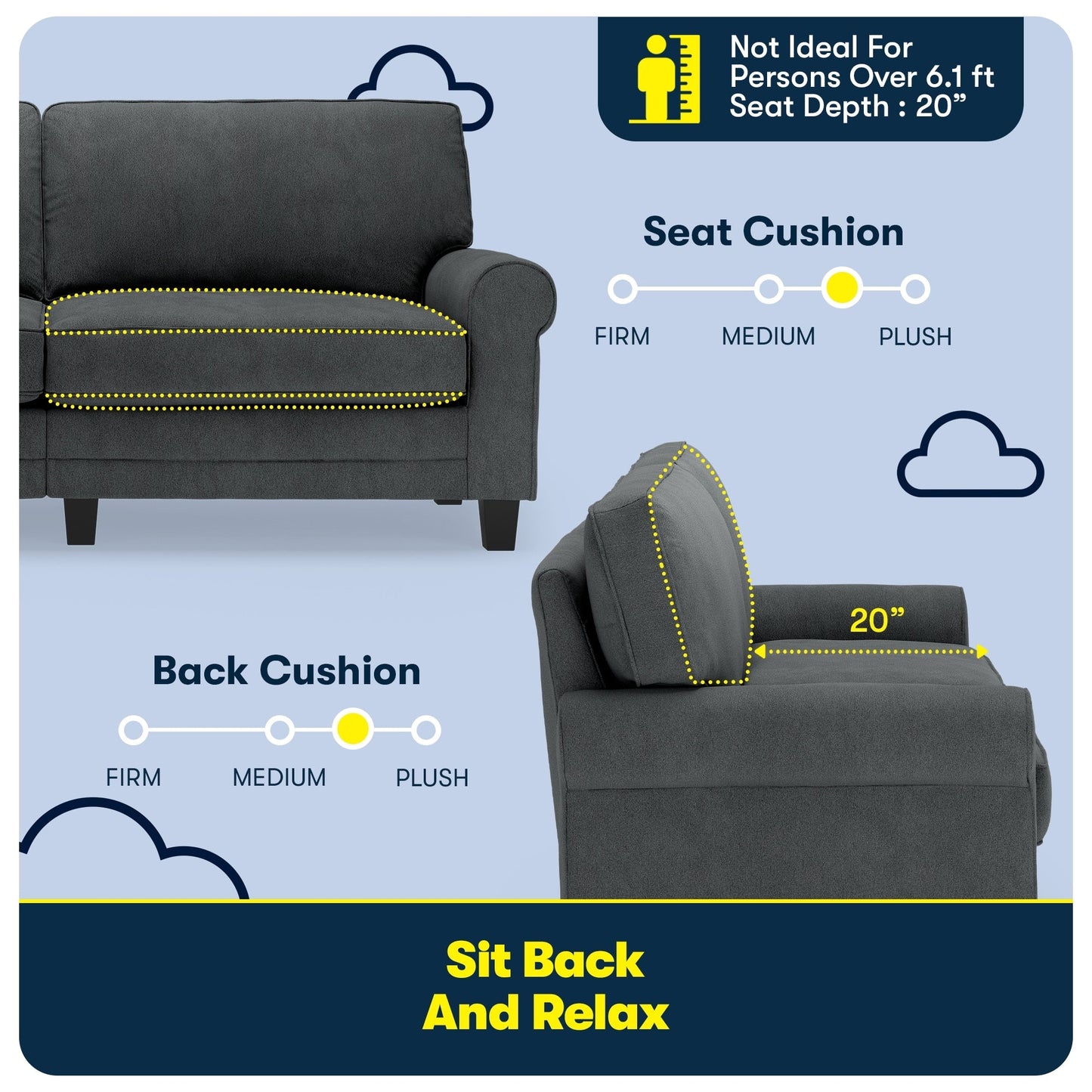 Divano con braccioli arrotolati Serta Copenhagen 78, in poliestere di facile manutenzione, schienale morbido, cuscini di seduta a molle insacchettate