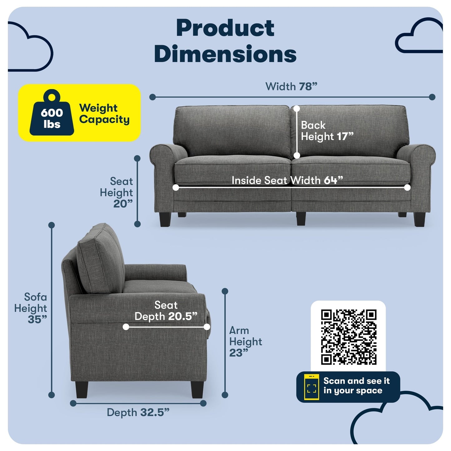 Divano con braccioli arrotolati Serta Copenhagen 78, in poliestere di facile manutenzione, schienale morbido, cuscini di seduta a molle insacchettate