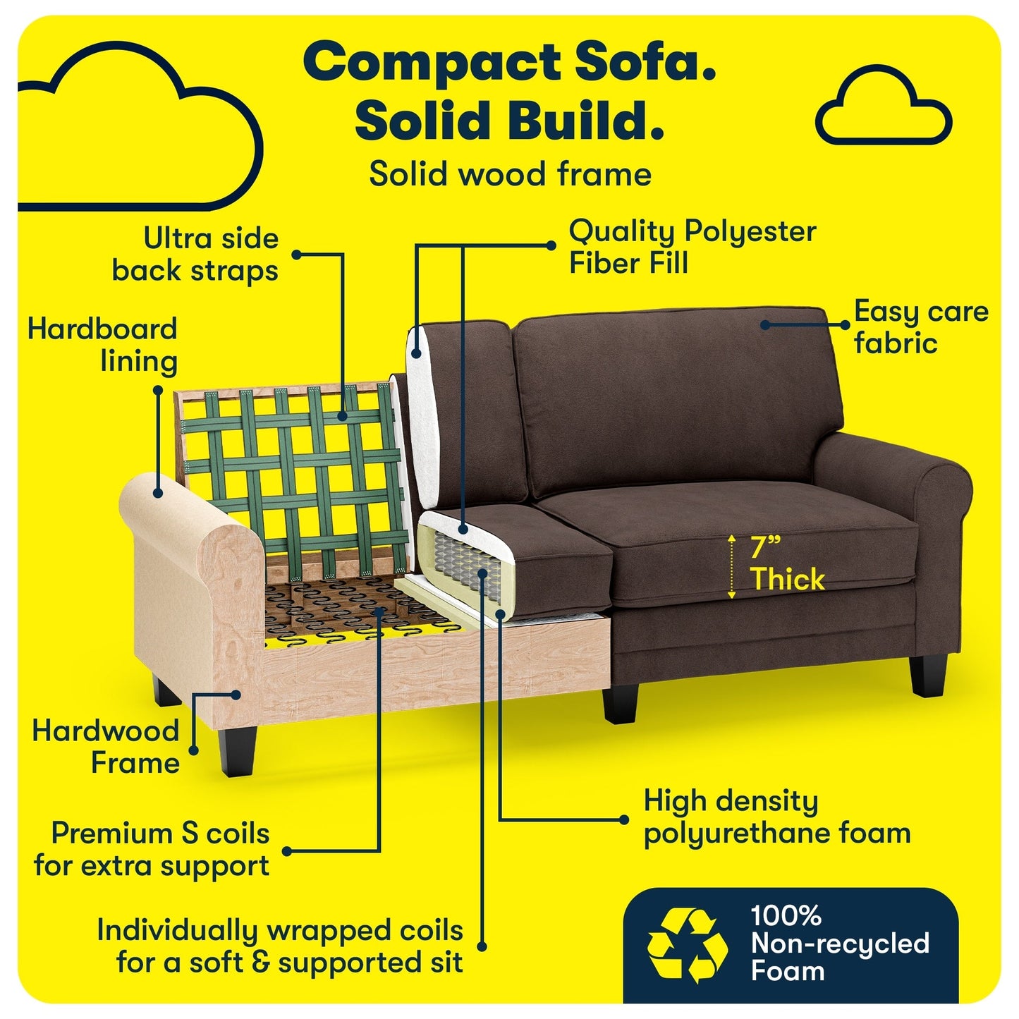 Divano con braccioli arrotolati Serta Copenhagen 78, in poliestere di facile manutenzione, schienale morbido, cuscini di seduta a molle insacchettate