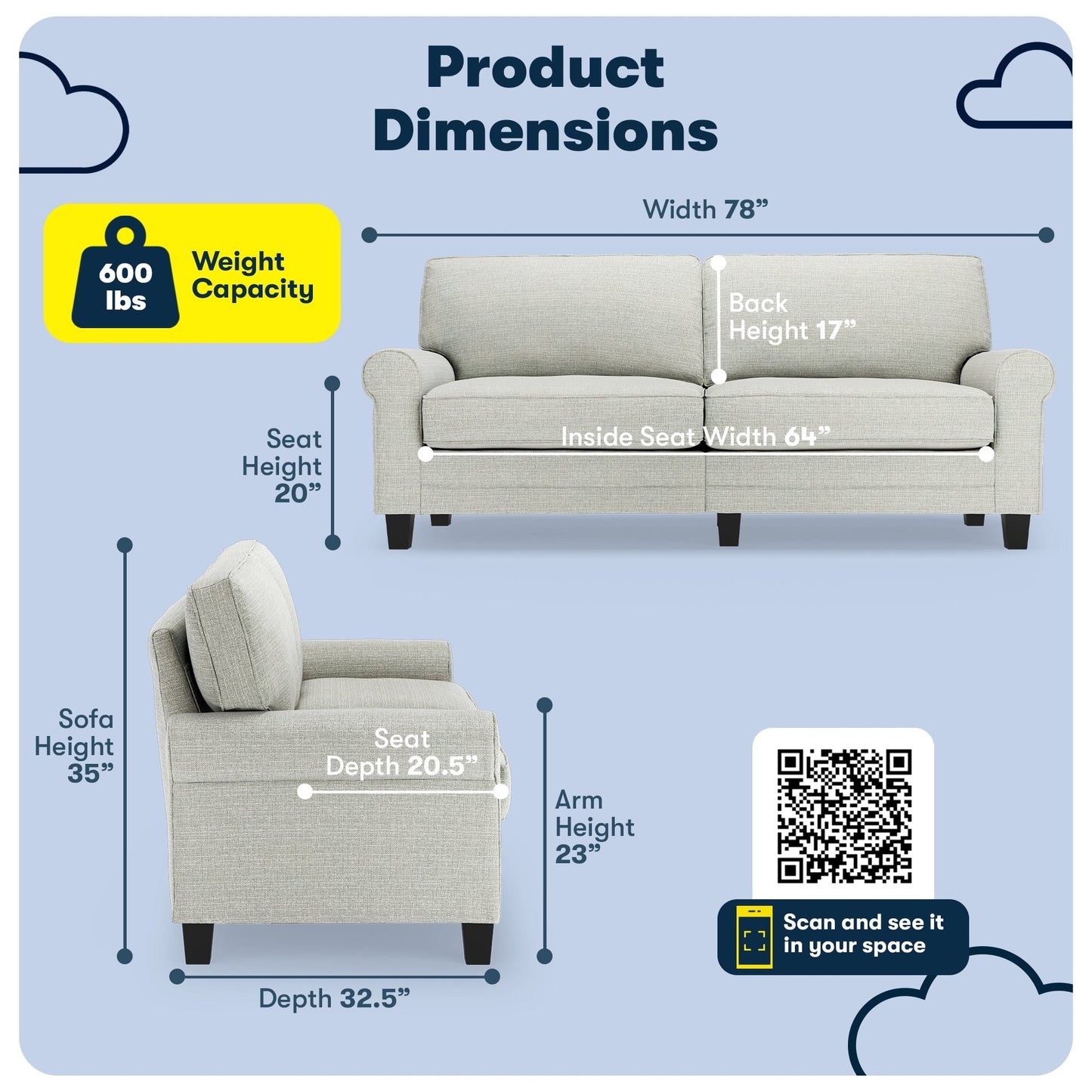Divano con braccioli arrotolati Serta Copenhagen 78, in poliestere di facile manutenzione, schienale morbido, cuscini di seduta a molle insacchettate