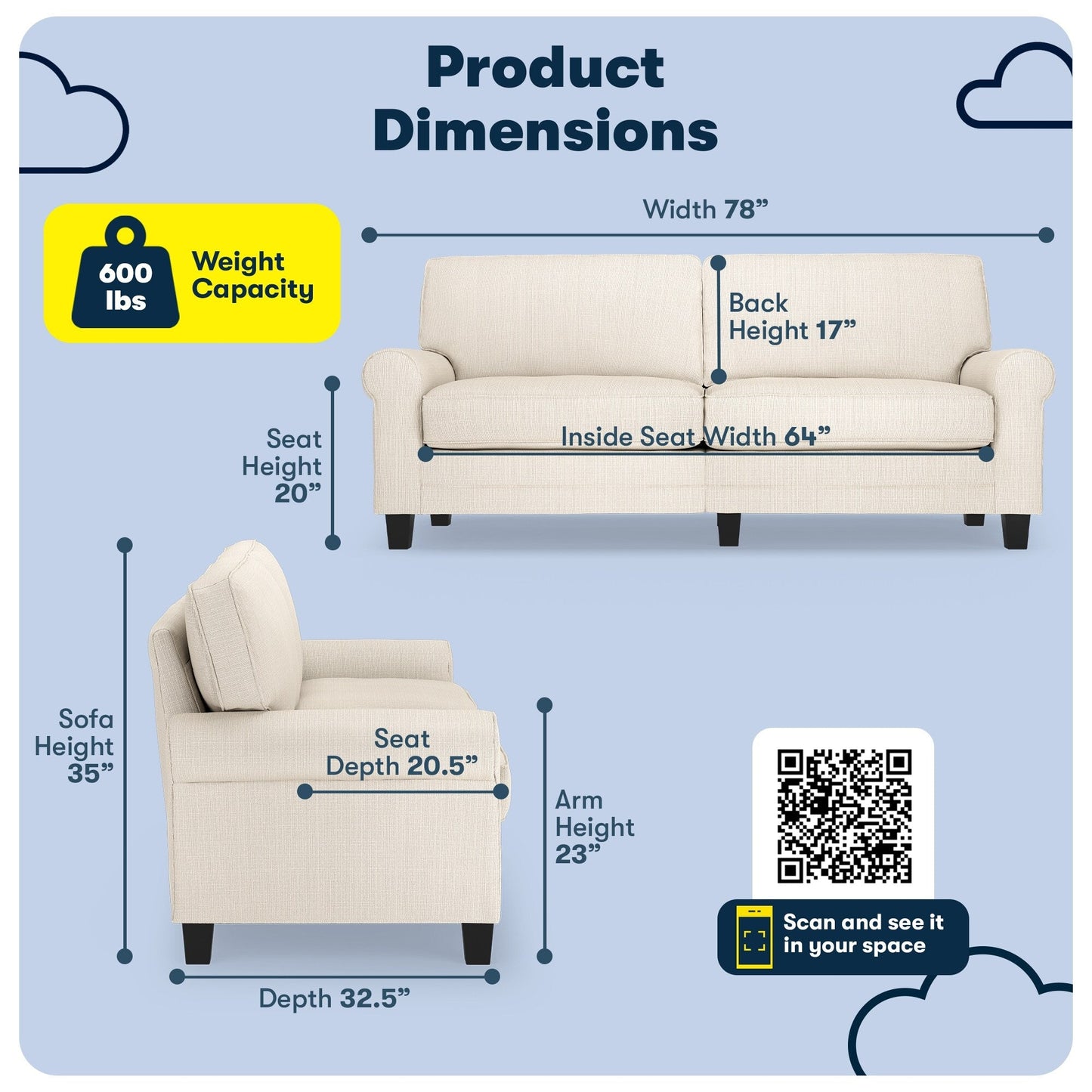 Divano con braccioli arrotolati Serta Copenhagen 78, in poliestere di facile manutenzione, schienale morbido, cuscini di seduta a molle insacchettate