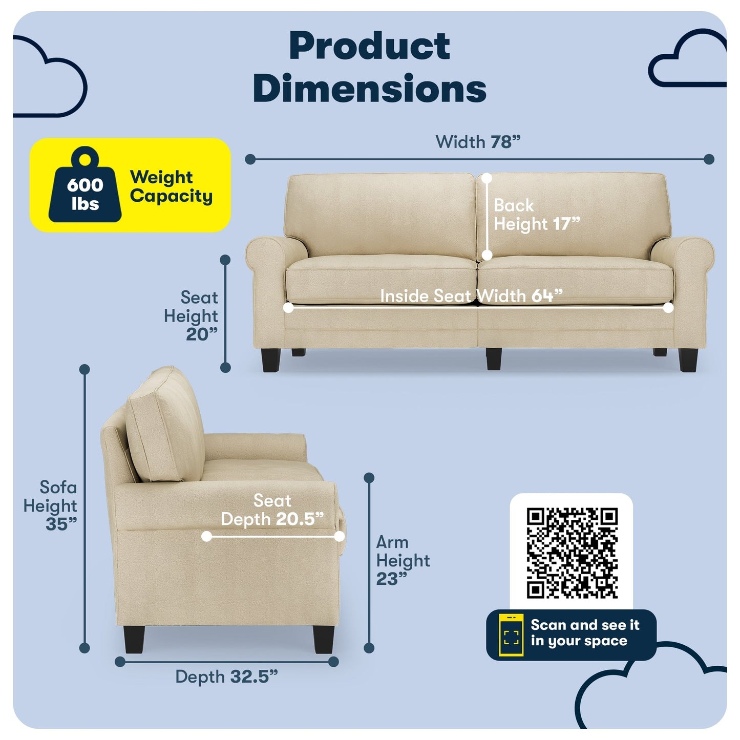 Divano con braccioli arrotolati Serta Copenhagen 78, in poliestere di facile manutenzione, schienale morbido, cuscini di seduta a molle insacchettate