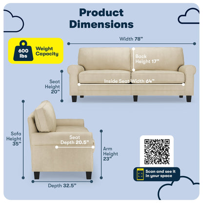 Divano con braccioli arrotolati Serta Copenhagen 78, in poliestere di facile manutenzione, schienale morbido, cuscini di seduta a molle insacchettate