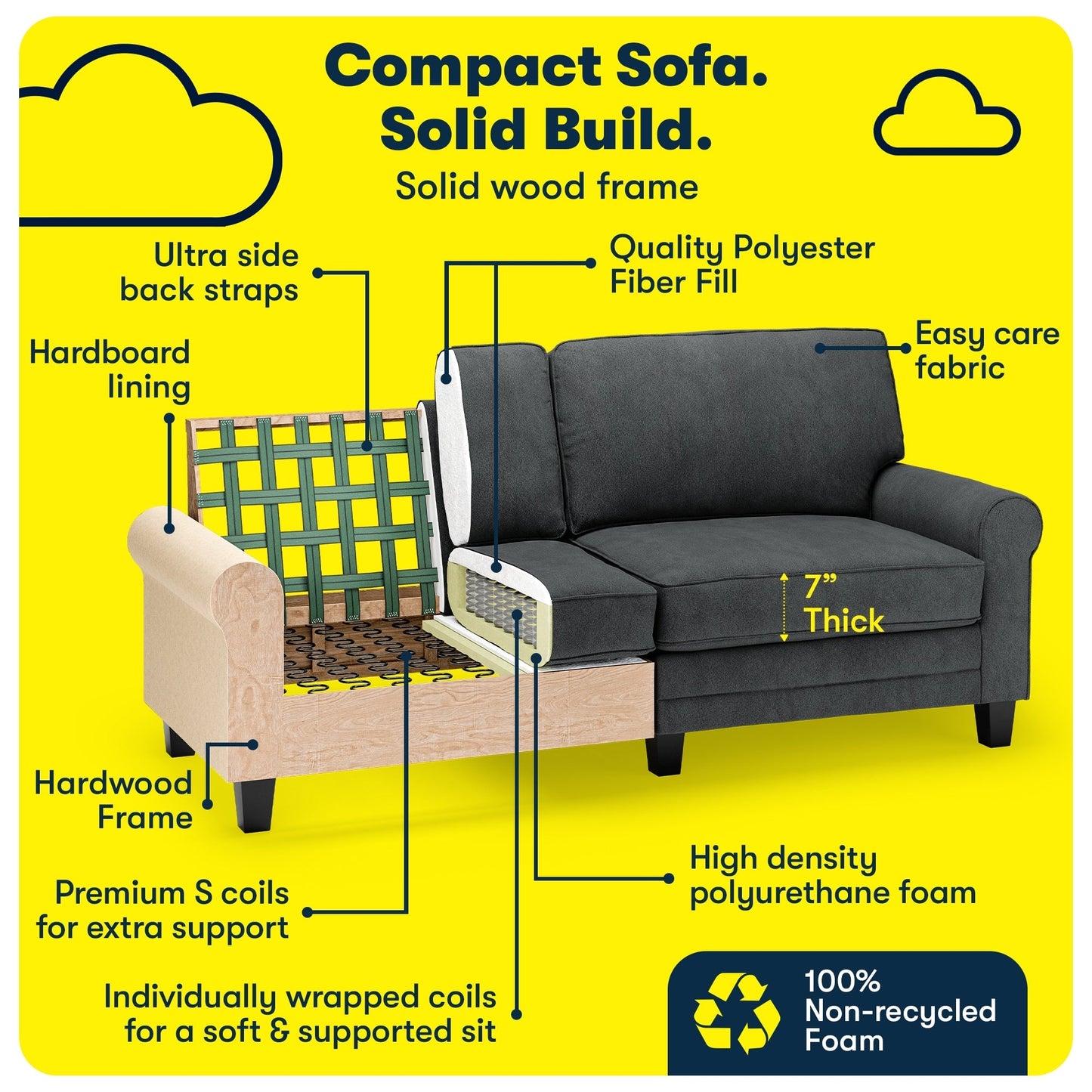 Divano con braccioli arrotolati Serta Copenhagen 78, in poliestere di facile manutenzione, schienale morbido, cuscini di seduta a molle insacchettate