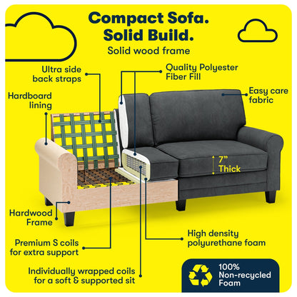 Divano con braccioli arrotolati Serta Copenhagen 78, in poliestere di facile manutenzione, schienale morbido, cuscini di seduta a molle insacchettate