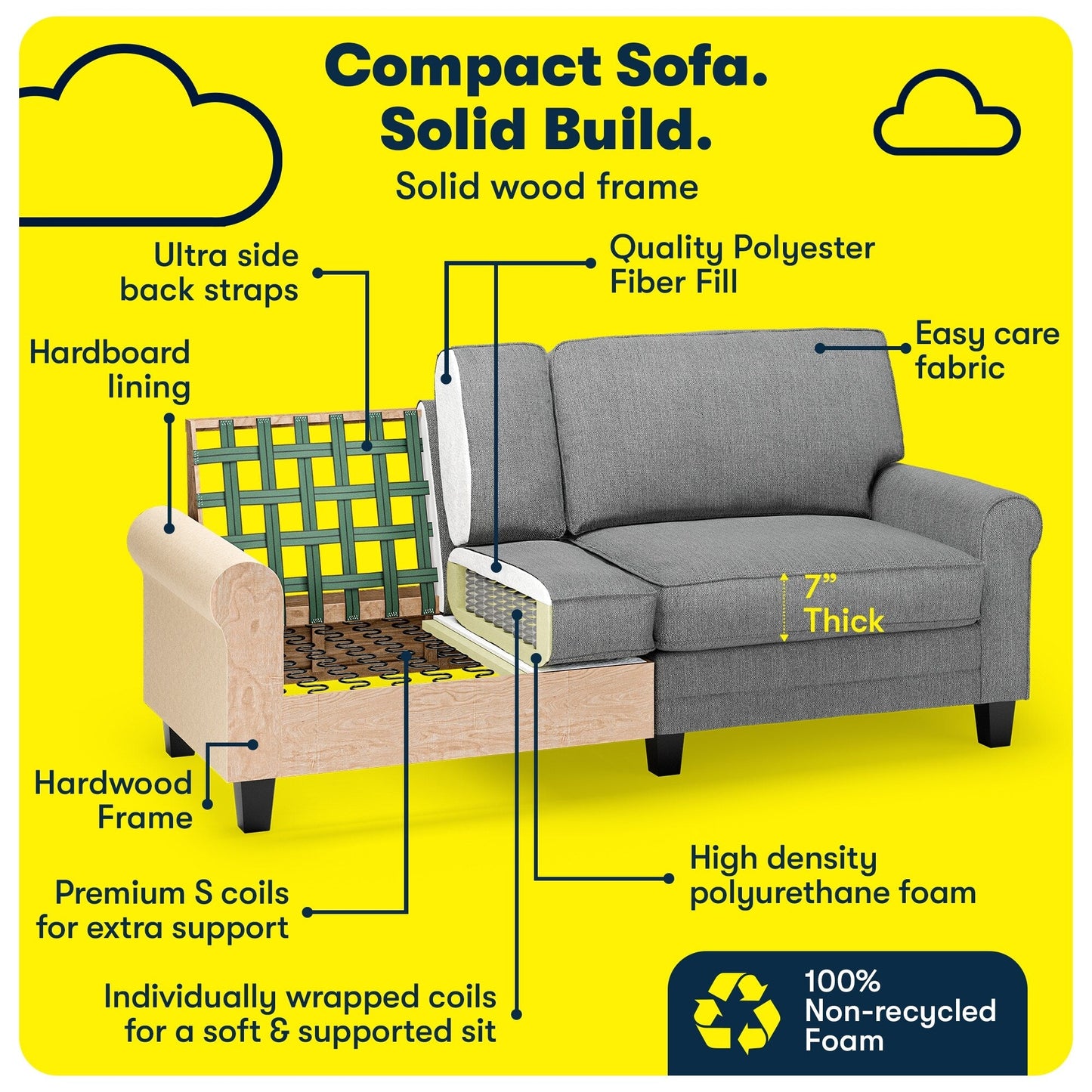 Divano con braccioli arrotolati Serta Copenhagen 78, in poliestere di facile manutenzione, schienale morbido, cuscini di seduta a molle insacchettate