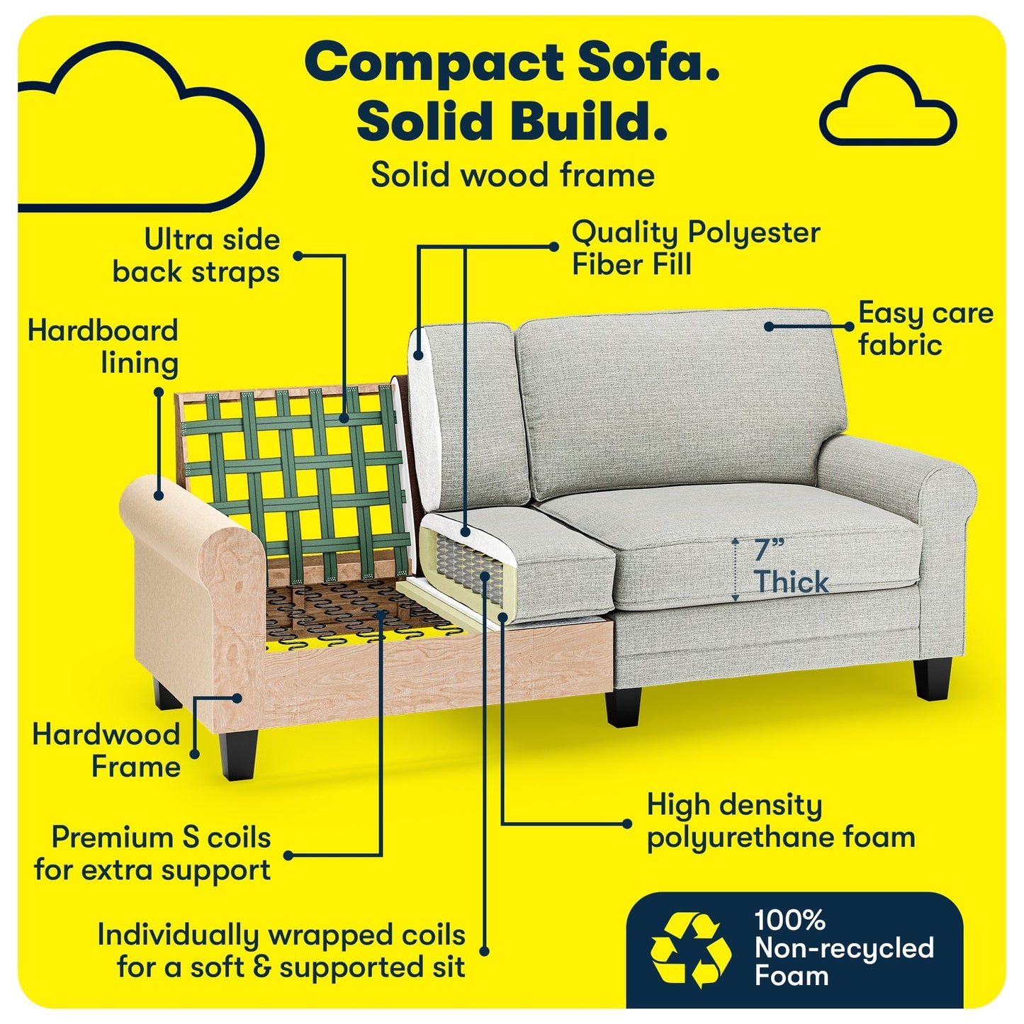 Divano con braccioli arrotolati Serta Copenhagen 78, in poliestere di facile manutenzione, schienale morbido, cuscini di seduta a molle insacchettate