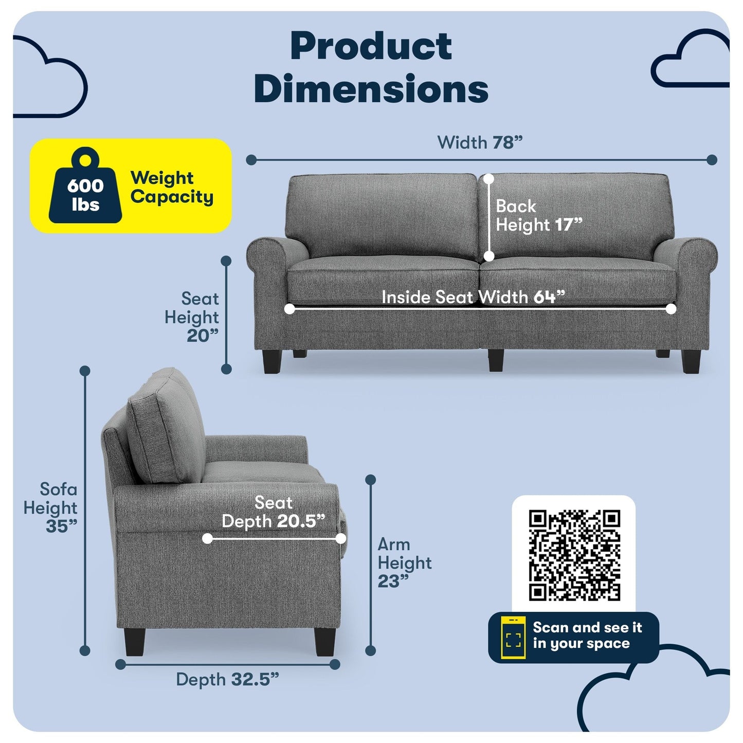 Divano con braccioli arrotolati Serta Copenhagen 78, in poliestere di facile manutenzione, schienale morbido, cuscini di seduta a molle insacchettate