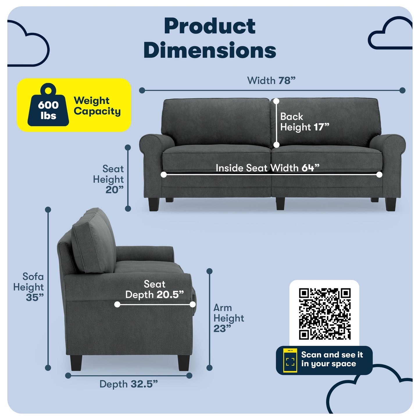 Divano con braccioli arrotolati Serta Copenhagen 78, in poliestere di facile manutenzione, schienale morbido, cuscini di seduta a molle insacchettate