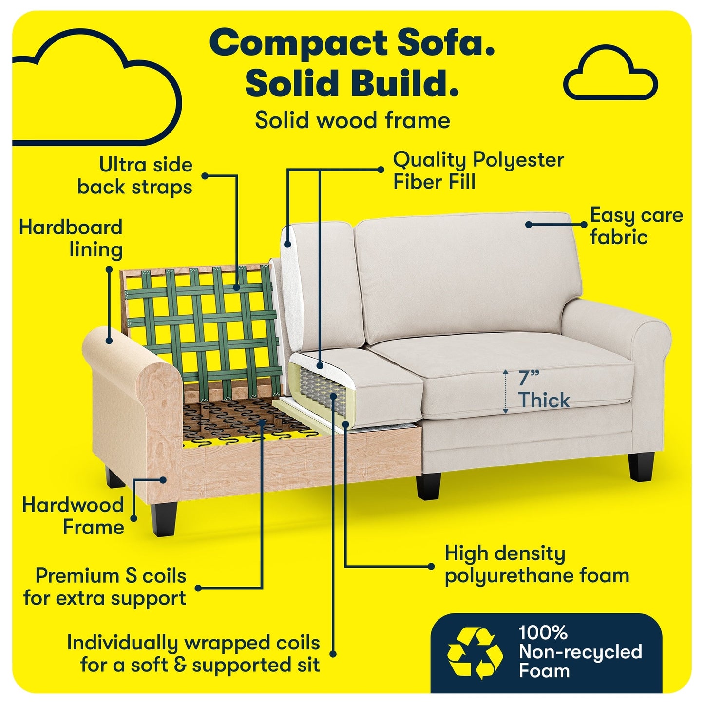 Divano con braccioli arrotolati Serta Copenhagen 78, in poliestere di facile manutenzione, schienale morbido, cuscini di seduta a molle insacchettate