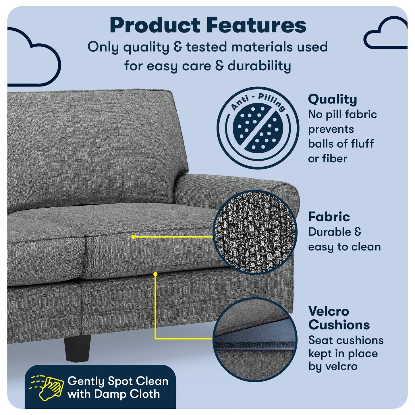 Divano con braccioli arrotolati Serta Copenhagen 78, in poliestere di facile manutenzione, schienale morbido, cuscini di seduta a molle insacchettate