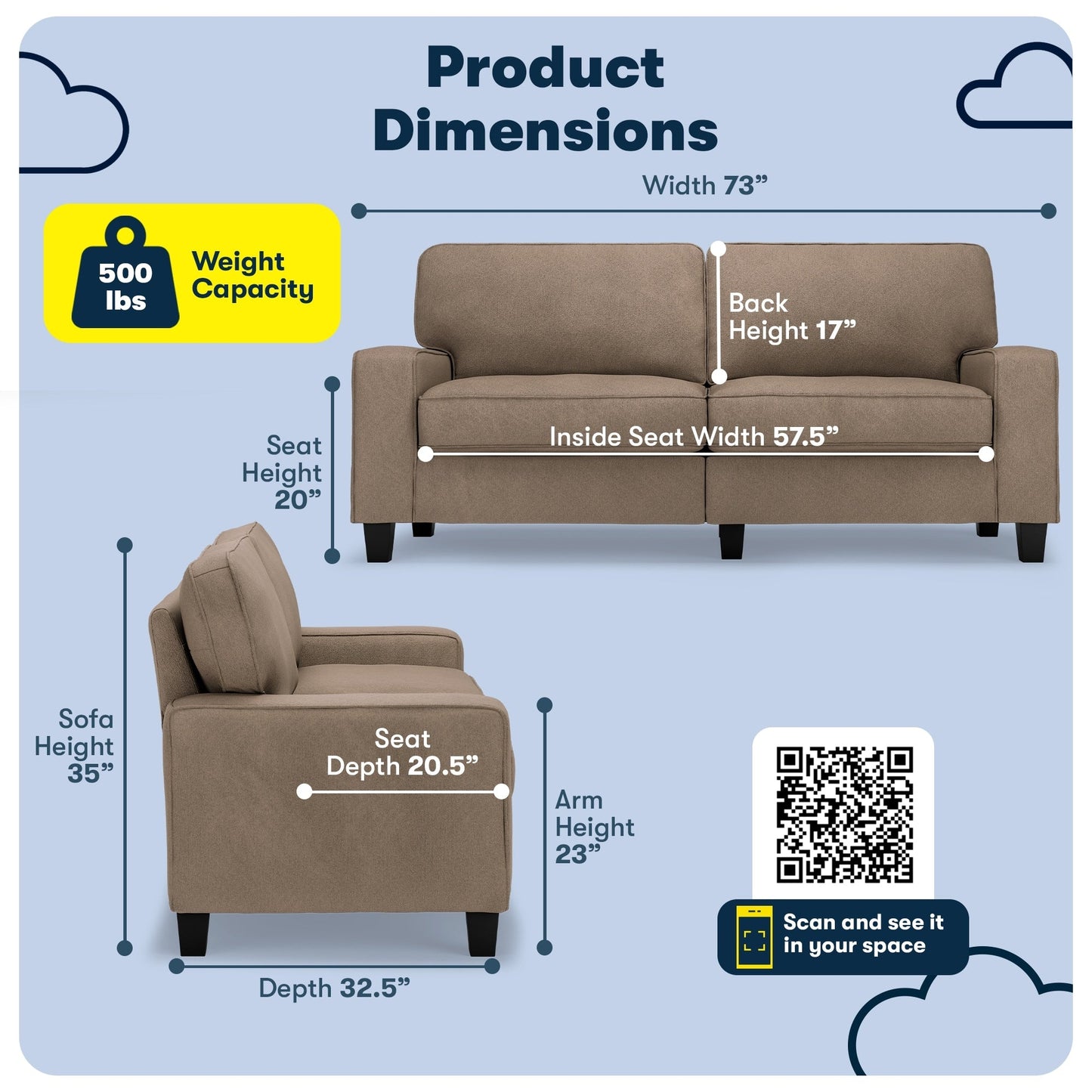 Divano Serta Palisades 73 Track Arm, in poliestere di facile manutenzione, con schienale morbido e cuscini di seduta a molle insacchettate.