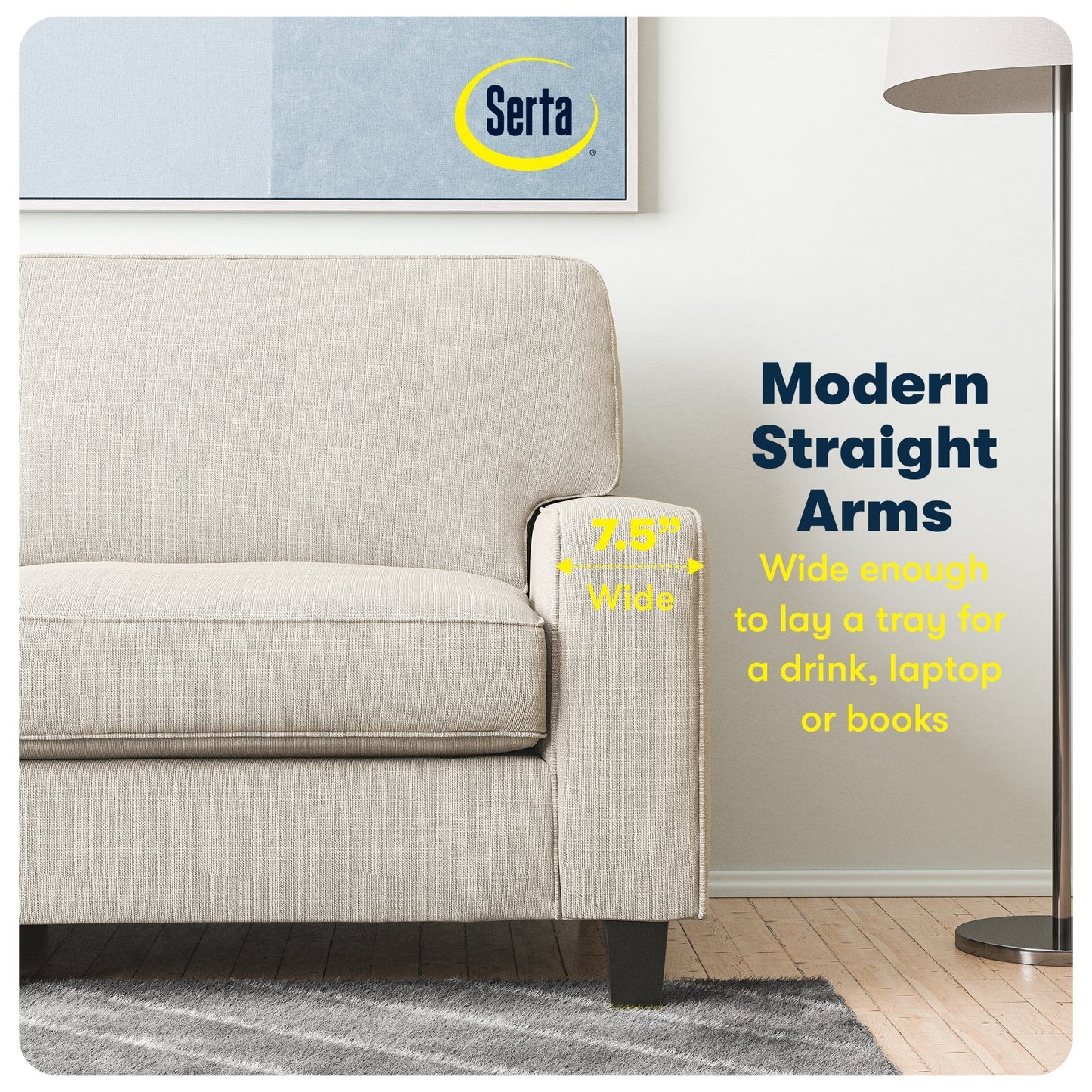 Divano Serta Palisades 73 Track Arm, in poliestere di facile manutenzione, con schienale morbido e cuscini di seduta a molle insacchettate.