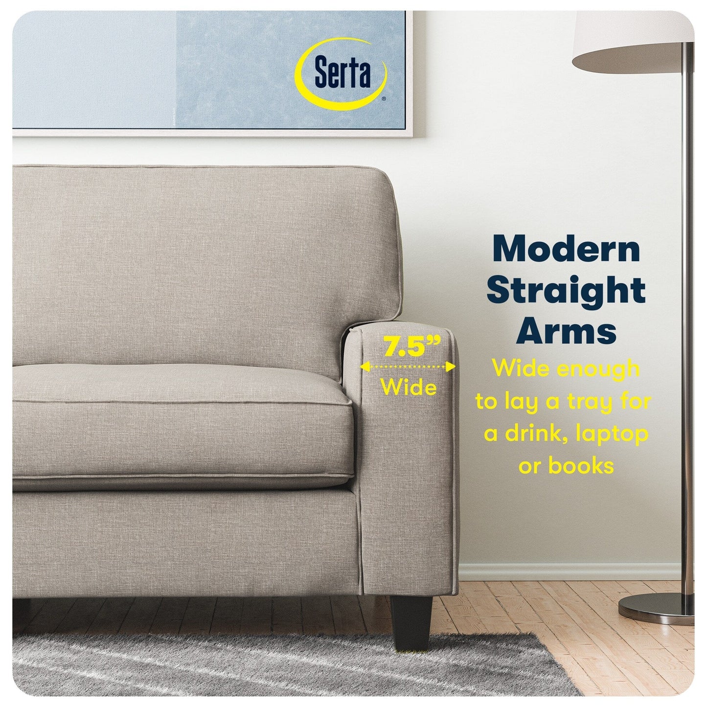 Divano Serta Palisades 73 Track Arm, in poliestere di facile manutenzione, con schienale morbido e cuscini di seduta a molle insacchettate.