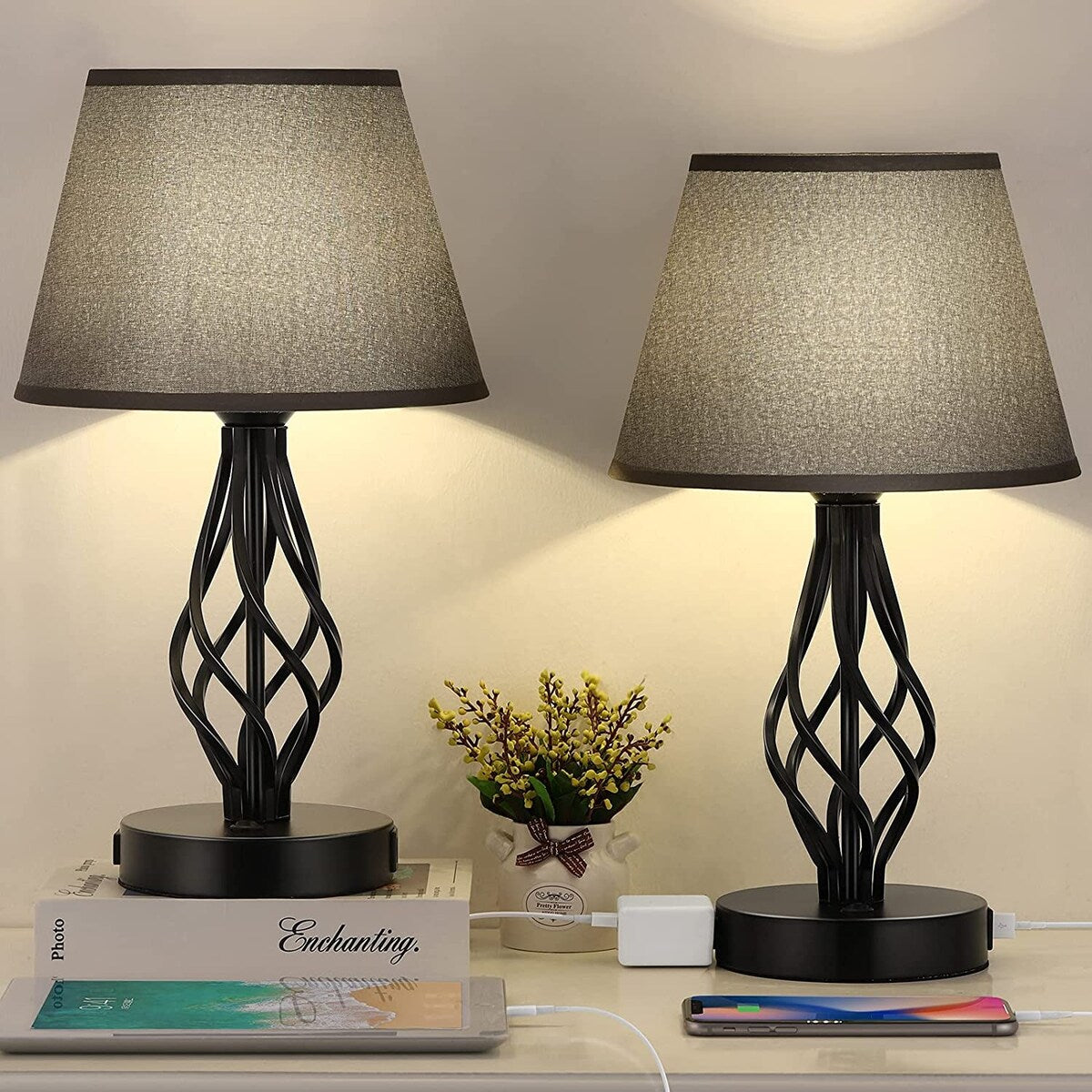 Set di 2 - Lampada da comodino con doppia porta di ricarica USB e 1 presa CA