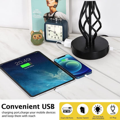 Set di 2 - Lampada da comodino con doppia porta di ricarica USB e 1 presa CA