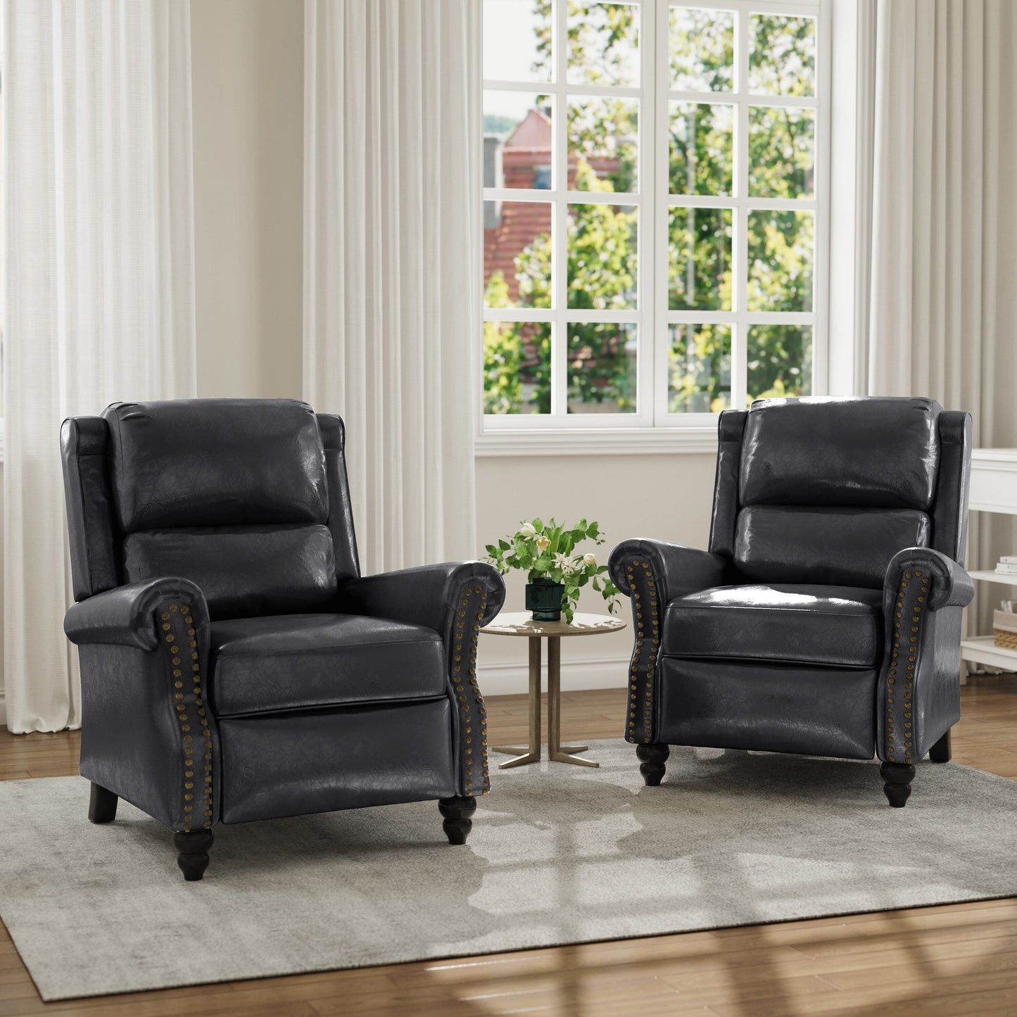 Poltrona reclinabile in lino e pelle PU con borchie di metà secolo