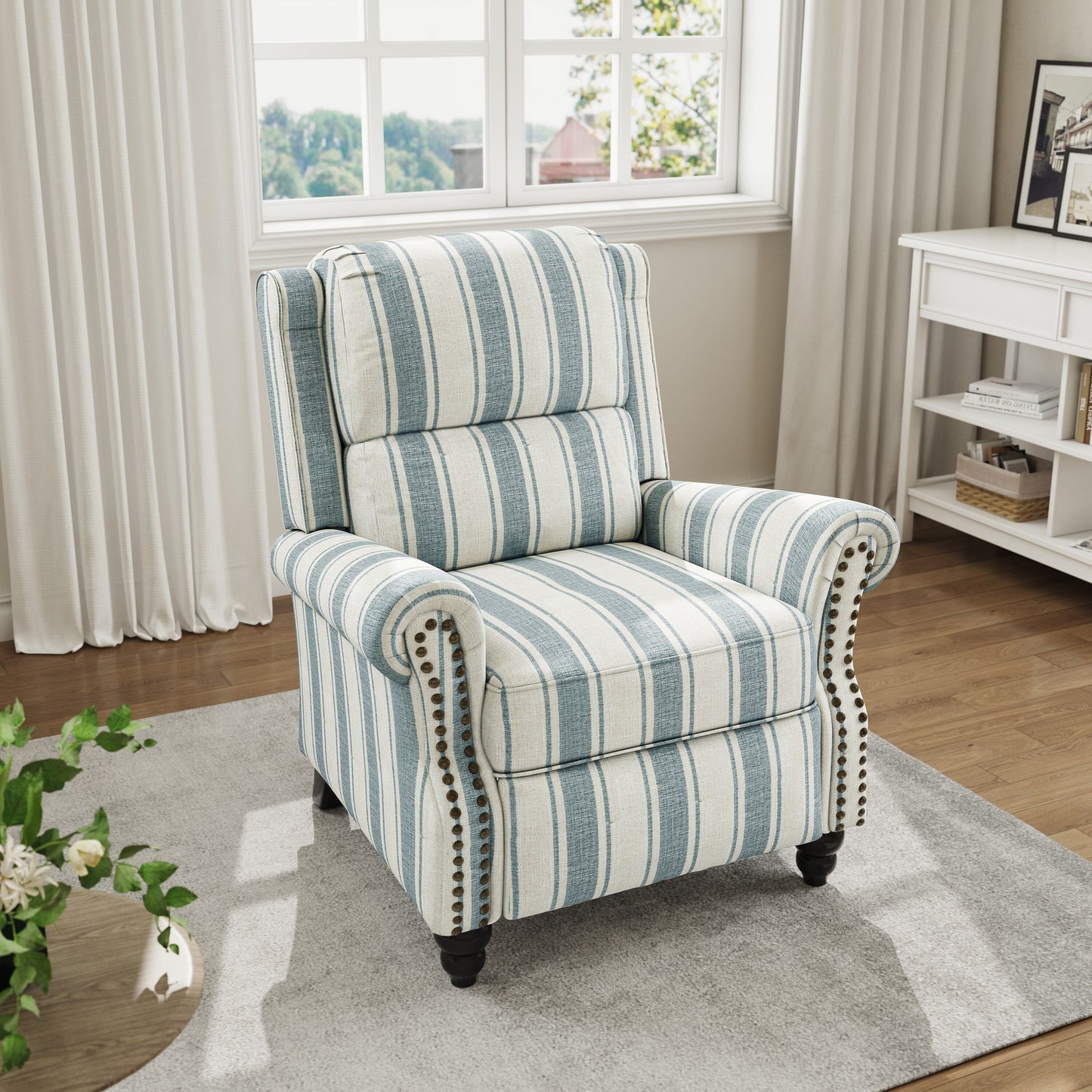 Poltrona reclinabile in lino e pelle PU con borchie di metà secolo