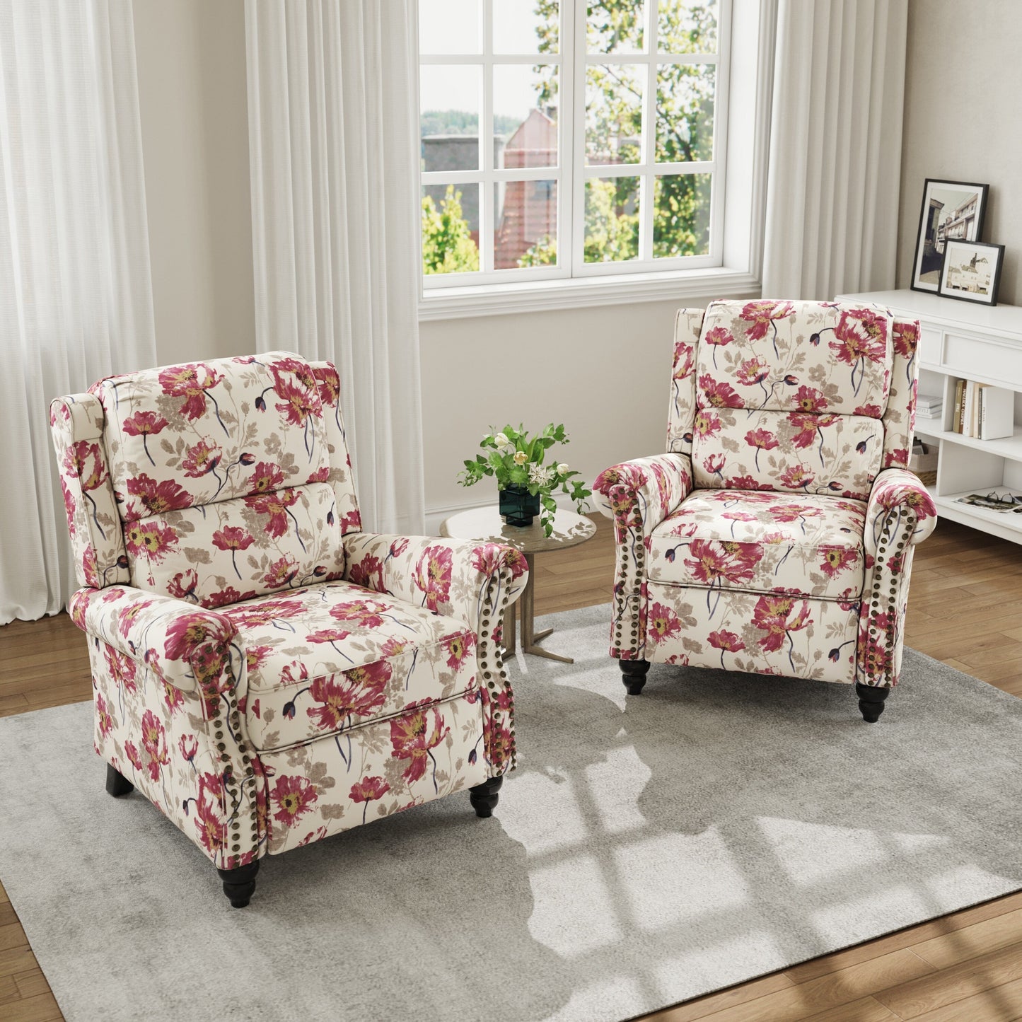 Poltrona reclinabile in lino e pelle PU con borchie di metà secolo