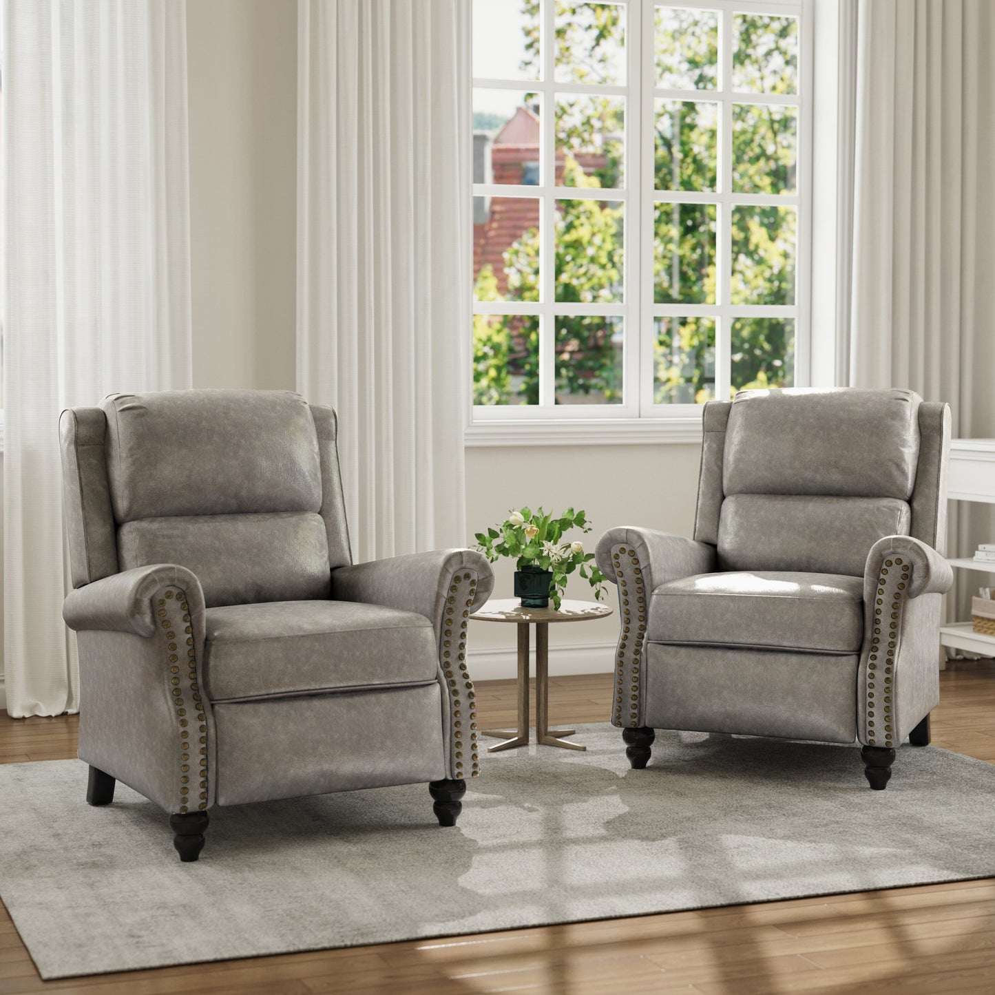 Poltrona reclinabile in lino e pelle PU con borchie di metà secolo