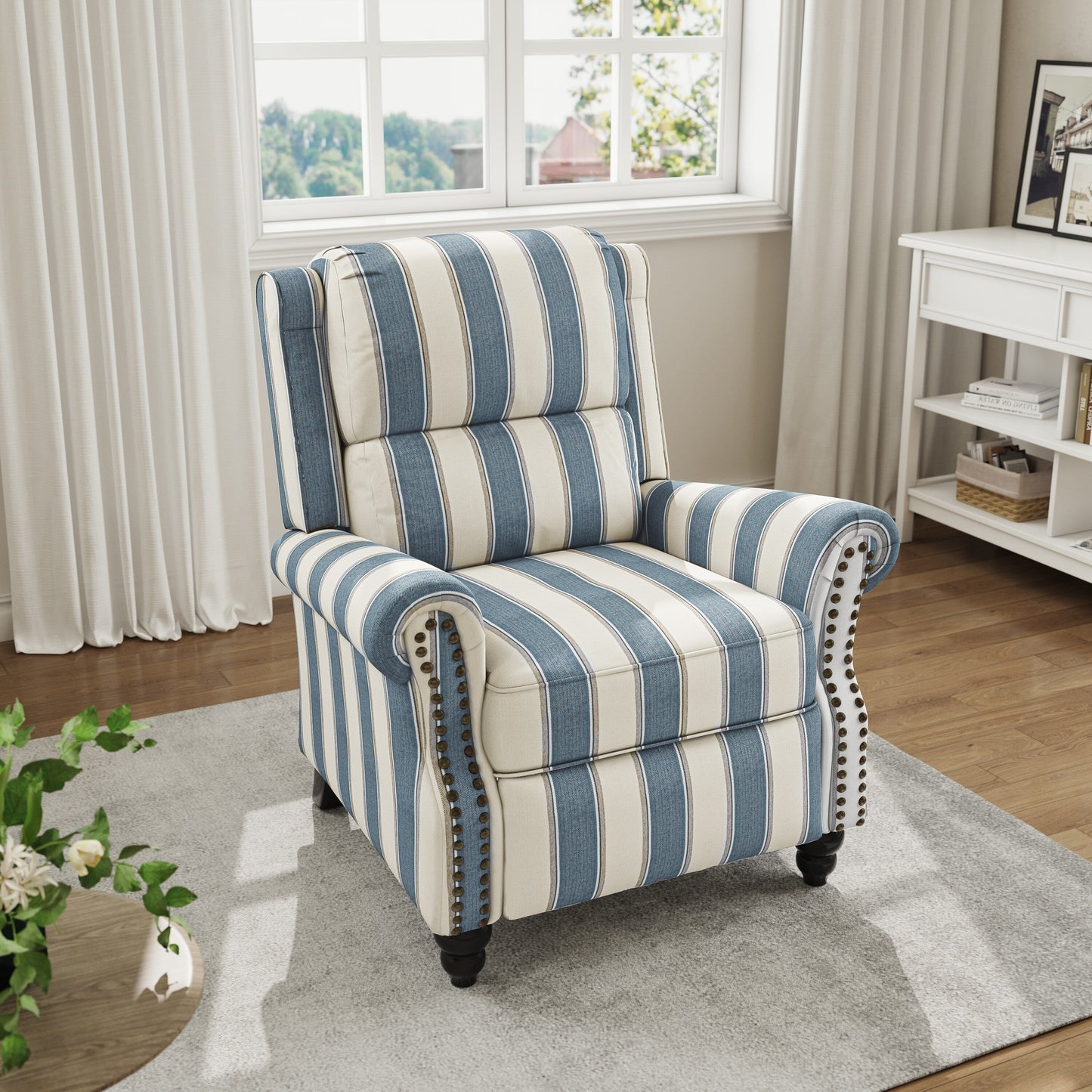 Poltrona reclinabile in lino e pelle PU con borchie di metà secolo