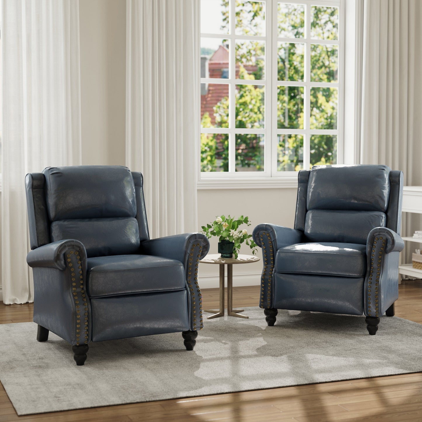 Poltrona reclinabile in lino e pelle PU con borchie di metà secolo