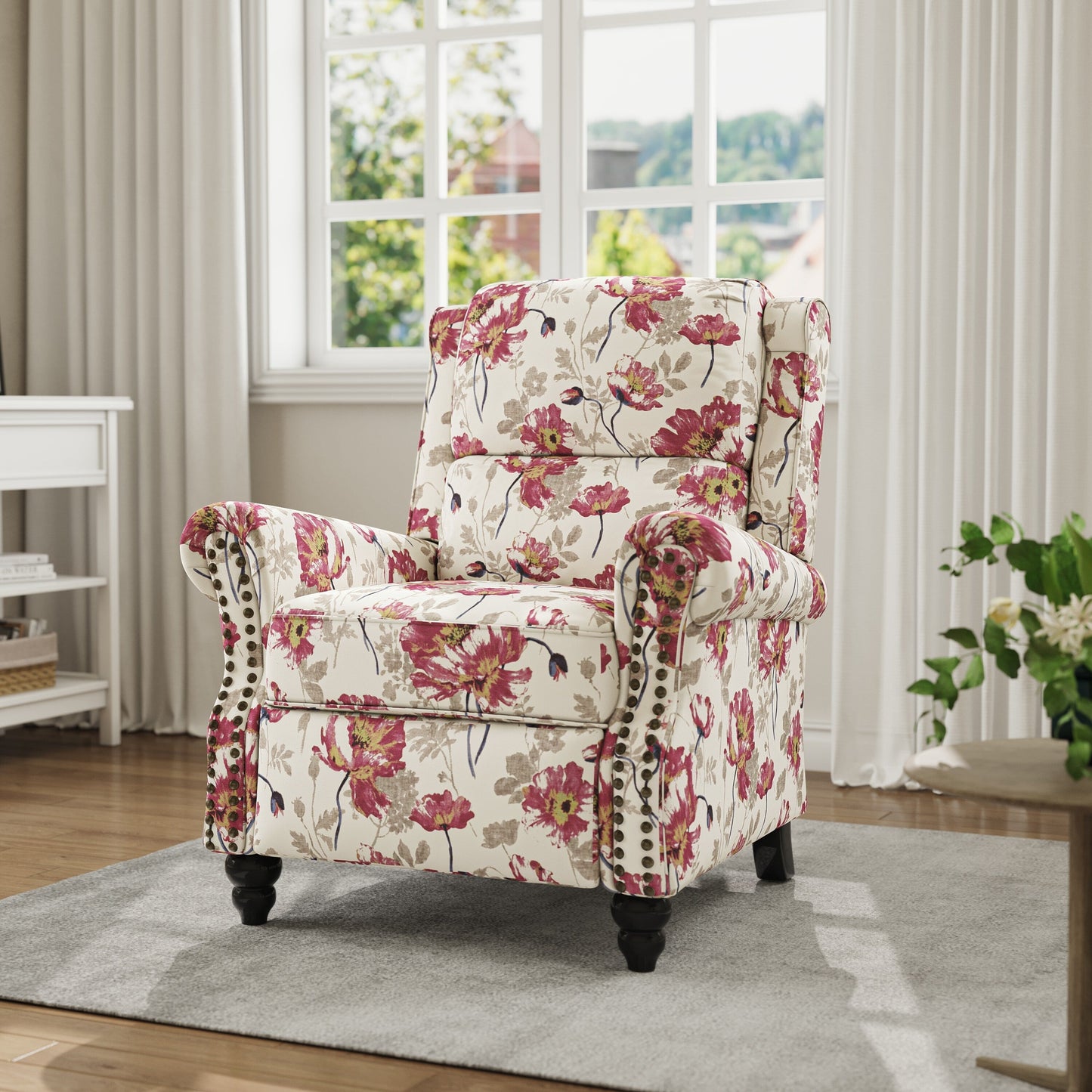 Poltrona reclinabile in lino e pelle PU con borchie di metà secolo