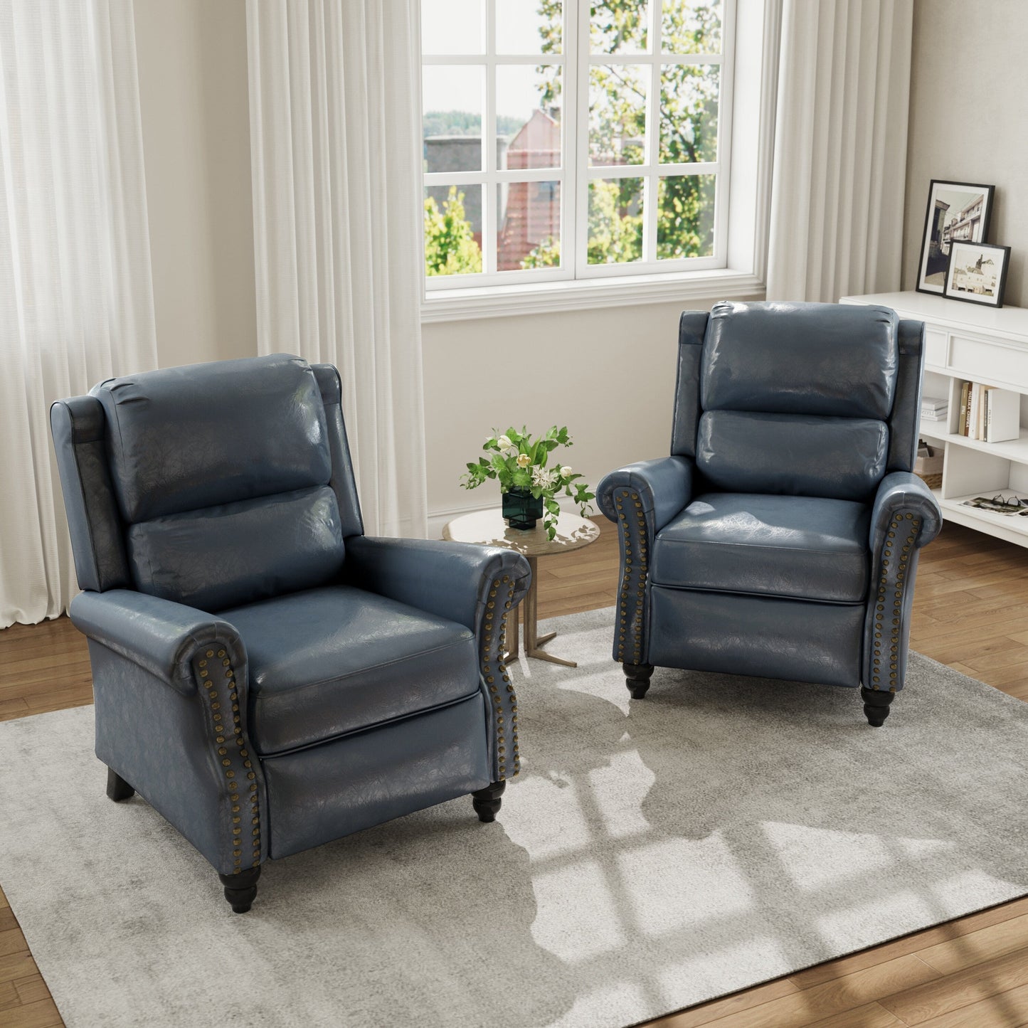 Poltrona reclinabile in lino e pelle PU con borchie di metà secolo