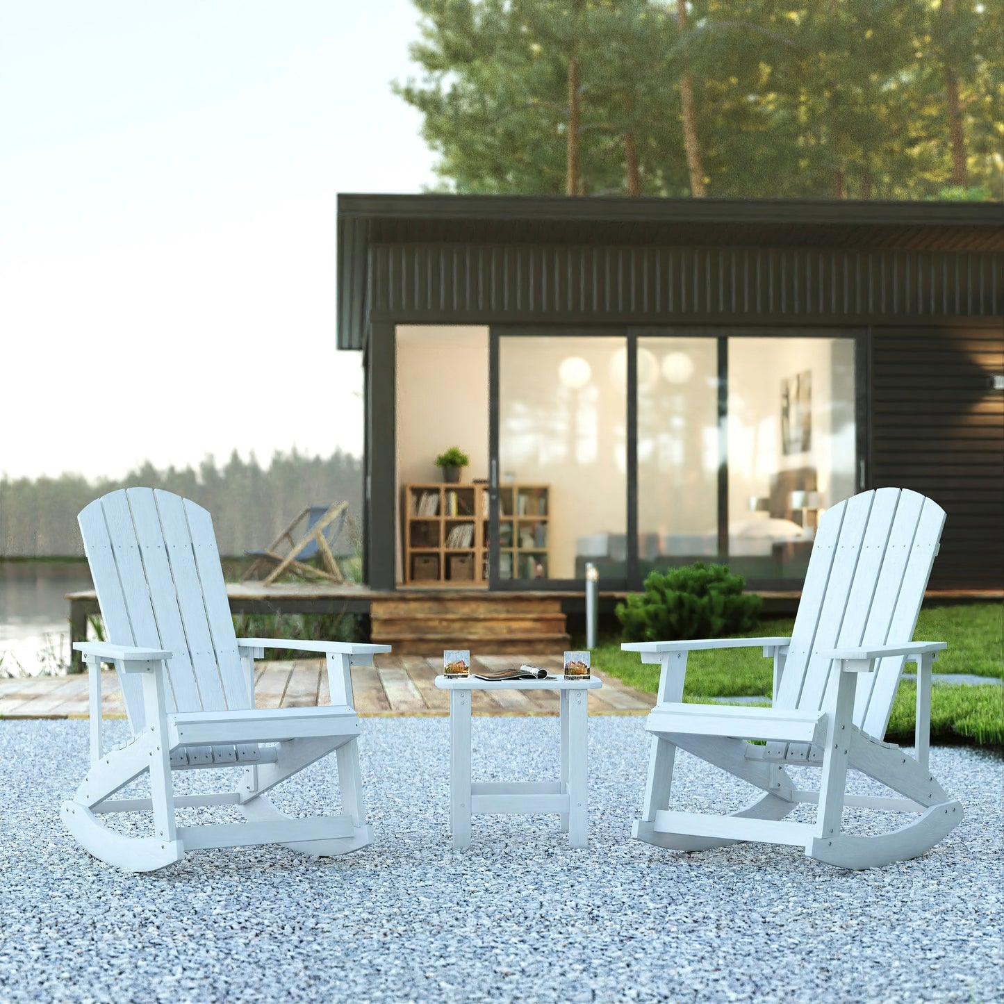 Set di 2 sedie a dondolo Adirondack in poliresina con 1 tavolino laterale