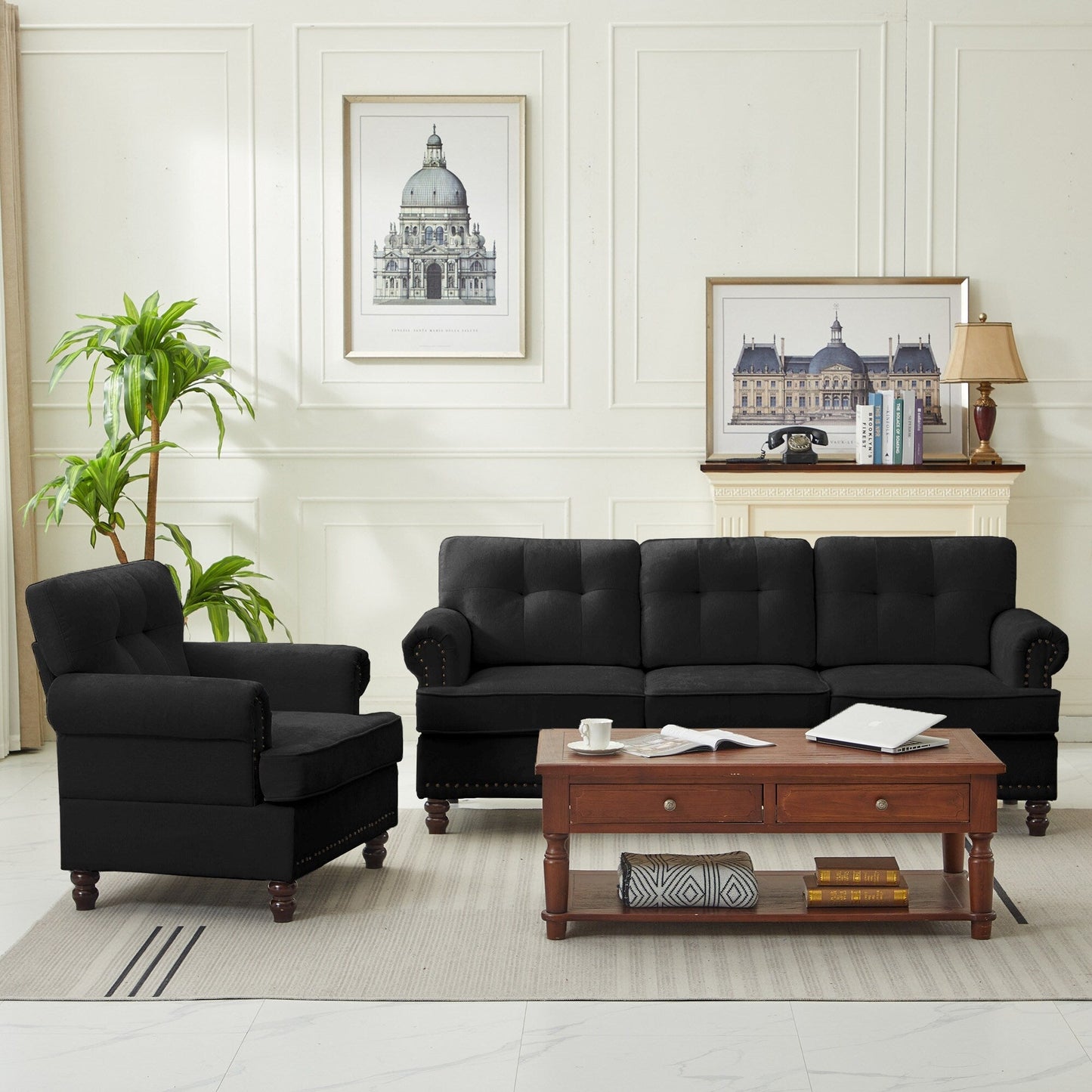 Set di 3 divani in ciniglia per soggiorno, rivestimento con bottoni e borchie, gambe in legno massello di gomma