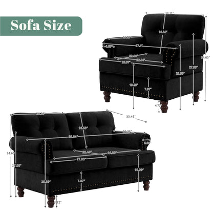 Set di 3 divani in ciniglia per soggiorno, rivestimento con bottoni e borchie, gambe in legno massello di gomma