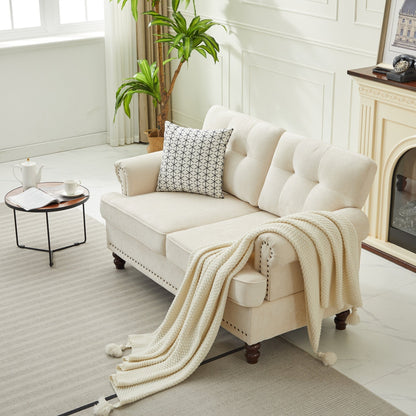 Set di 3 divani in ciniglia per soggiorno, rivestimento con bottoni e borchie, gambe in legno massello di gomma