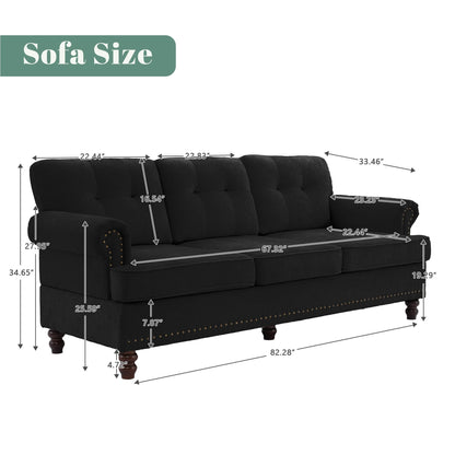 Set di 3 divani in ciniglia per soggiorno, rivestimento con bottoni e borchie, gambe in legno massello di gomma