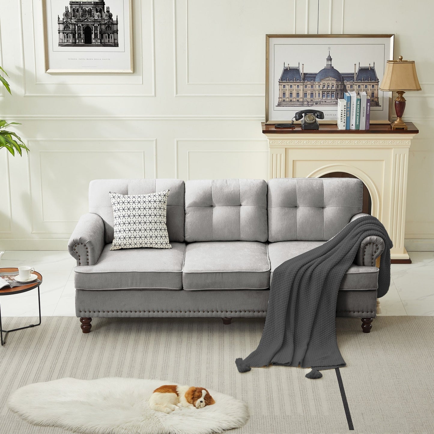 Set di 3 divani in ciniglia per soggiorno, rivestimento con bottoni e borchie, gambe in legno massello di gomma