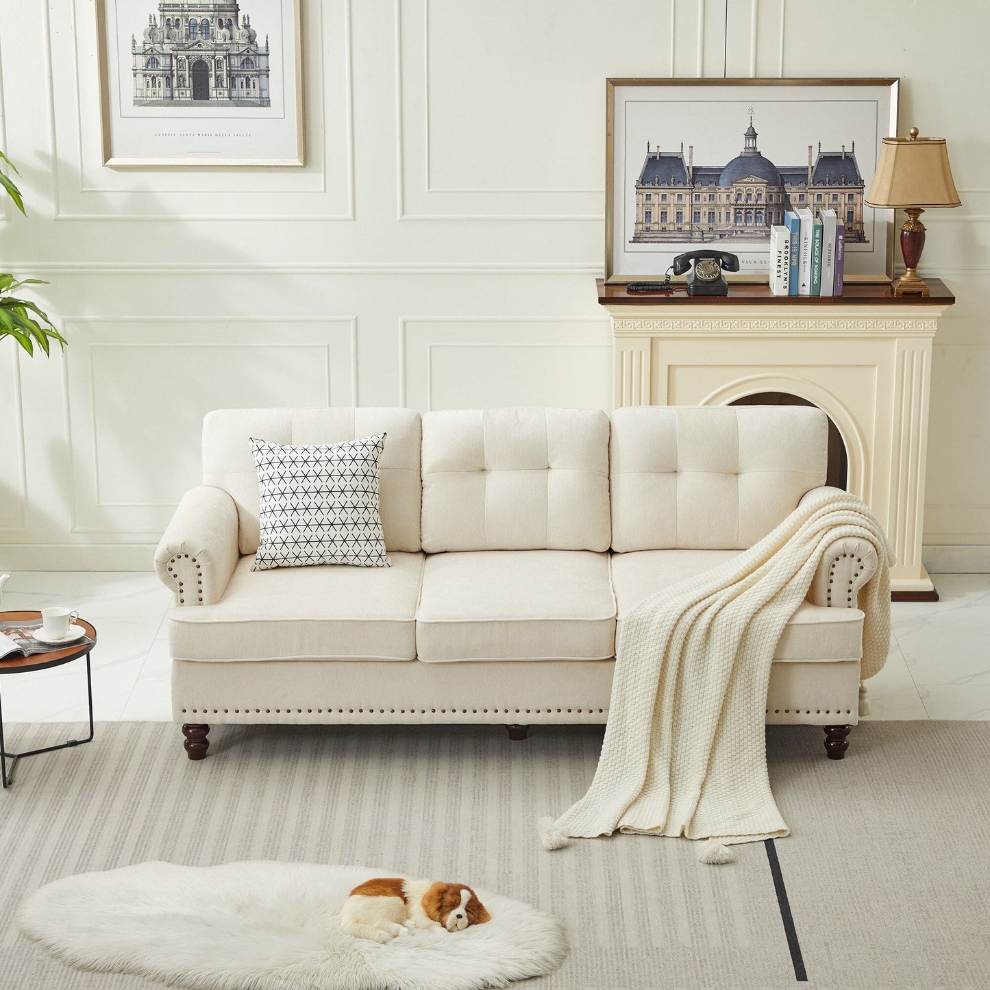 Set di 3 divani in ciniglia per soggiorno, rivestimento con bottoni e borchie, gambe in legno massello di gomma