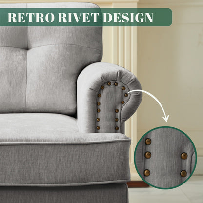 Set di 3 divani in ciniglia per soggiorno, rivestimento con bottoni e borchie, gambe in legno massello di gomma