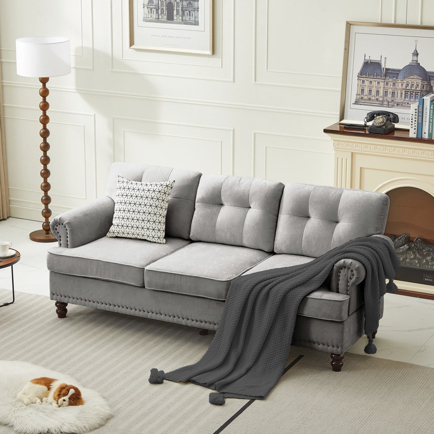 Set di 3 divani in ciniglia per soggiorno, rivestimento con bottoni e borchie, gambe in legno massello di gomma