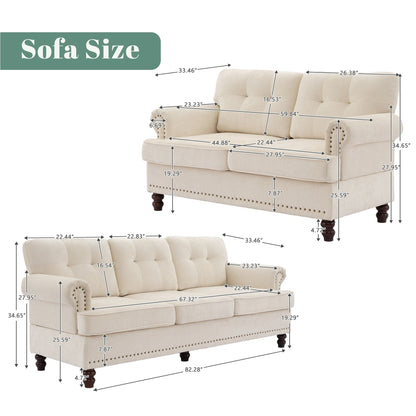 Set di 3 divani in ciniglia per soggiorno, rivestimento con bottoni e borchie, gambe in legno massello di gomma