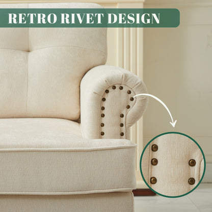 Set di 3 divani in ciniglia per soggiorno, rivestimento con bottoni e borchie, gambe in legno massello di gomma