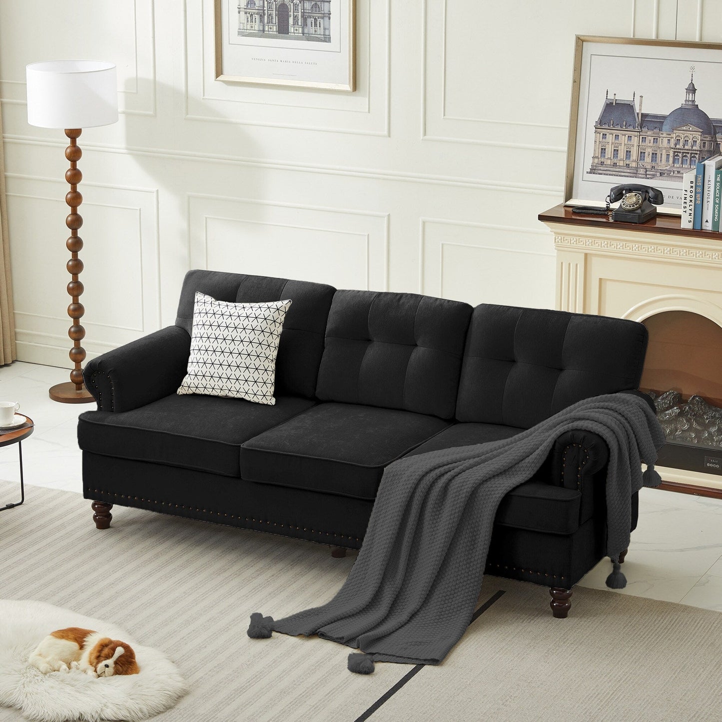 Set di 3 divani in ciniglia per soggiorno, rivestimento con bottoni e borchie, gambe in legno massello di gomma