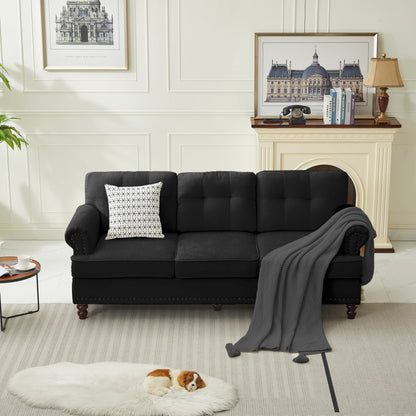 Set di 3 divani in ciniglia per soggiorno, rivestimento con bottoni e borchie, gambe in legno massello di gomma