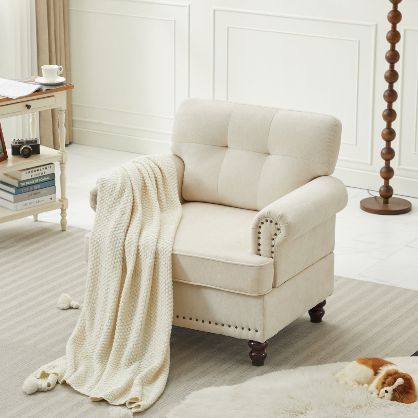 Set di 3 divani in ciniglia per soggiorno, rivestimento con bottoni e borchie, gambe in legno massello di gomma